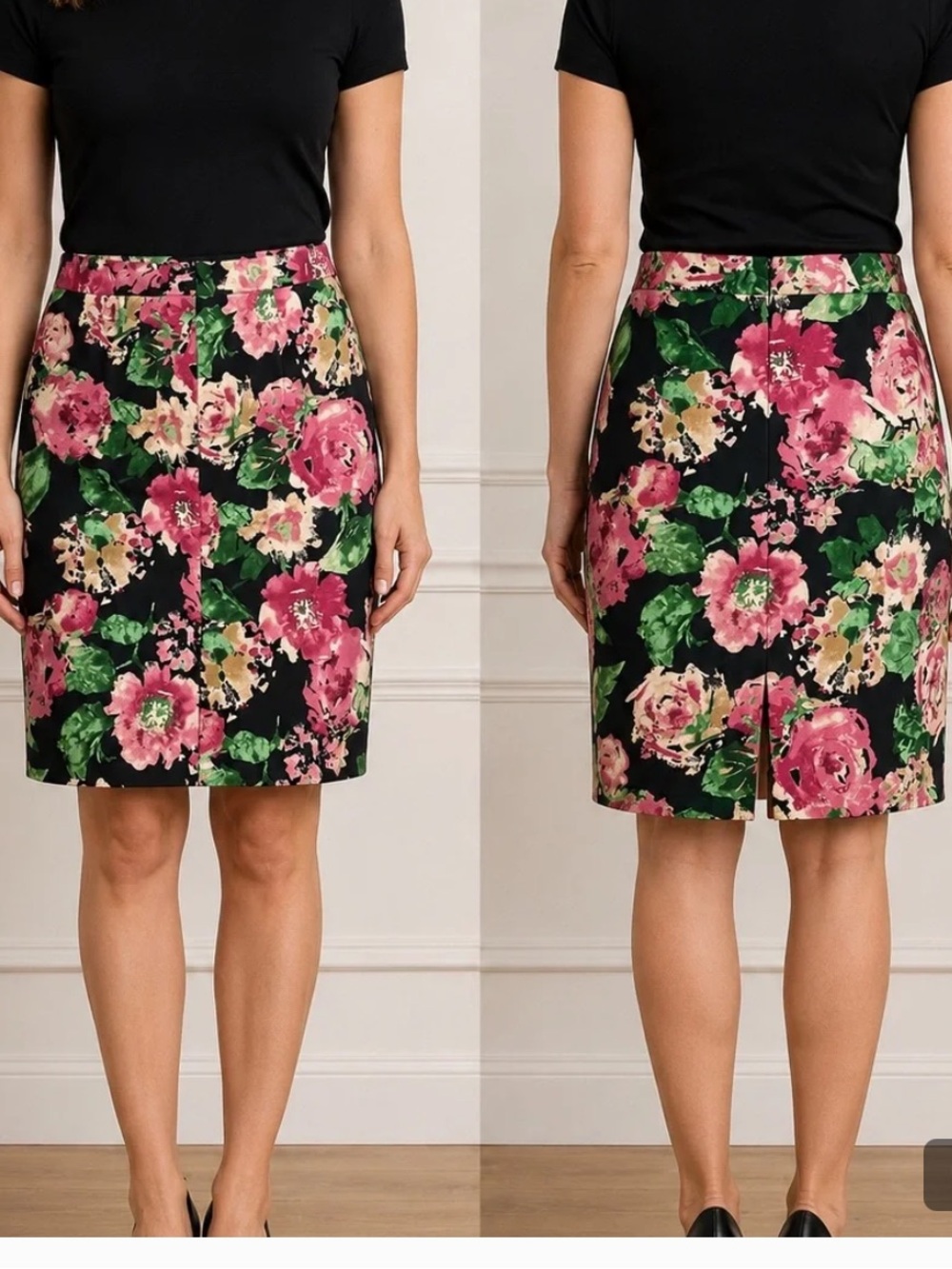 Talbots Floral Pencil Skirt in Black, Pink and Green